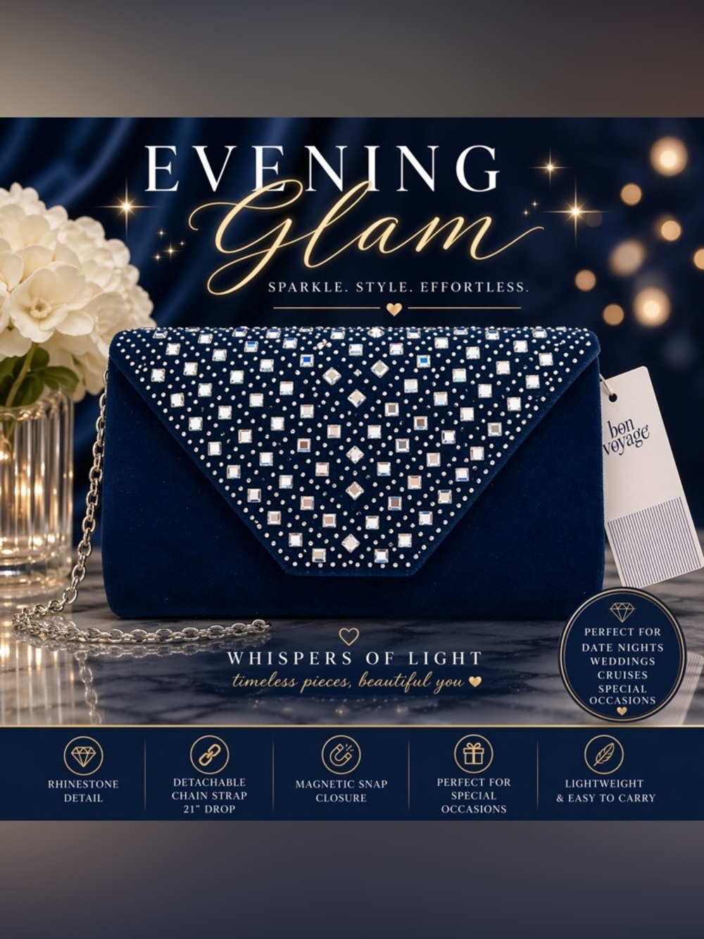 Bon Voyage Navy Blue Rhinestone Envelope Clutch Chain Bag Evening
